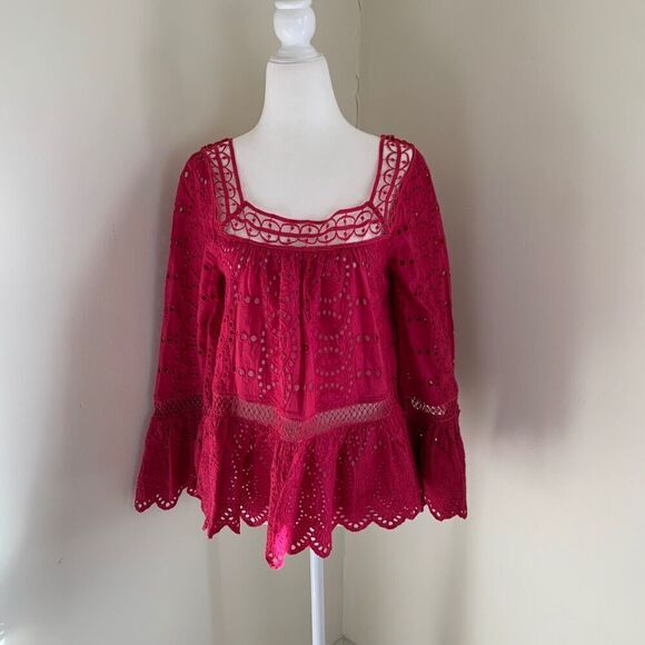 Anthropologie Tops - Anthropologie TRYB Eyelet Ruffle Blouse Size S Pink Embroidered Peasant Top